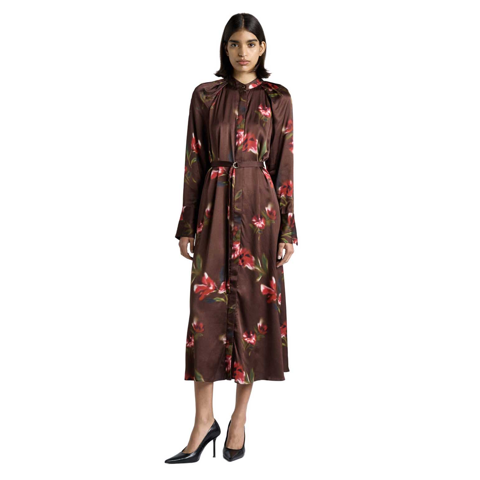 Cue Blurred Floral Satin Belted Midi Dress